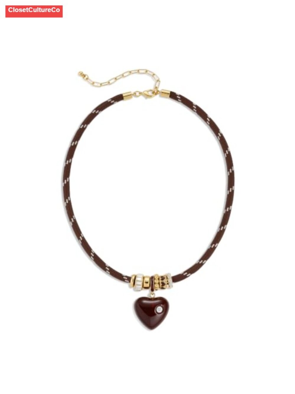 Woven Cord Choker Necklace Heart Pendant Resin Gold Bead Adjustable